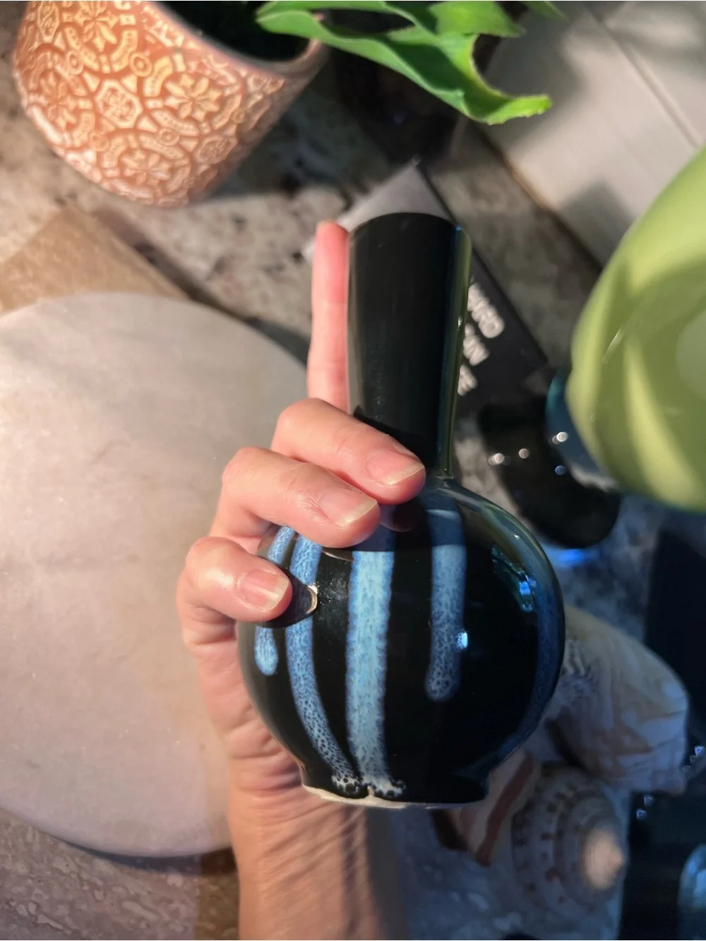 Vintage Handmade Blue and Black Ceramic Bud Vase - no cracks